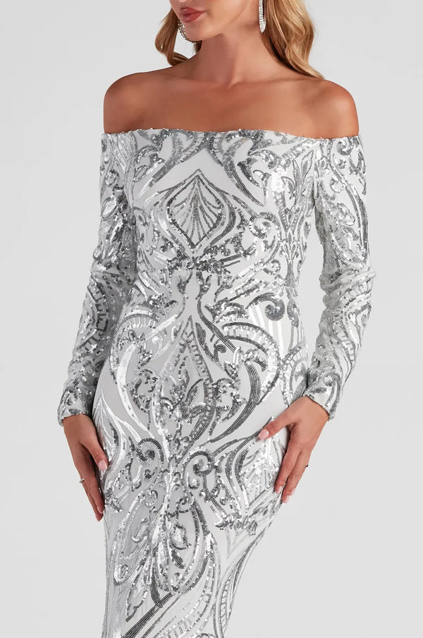 Formal Off-The-Shoulder Sequin Maxi Dress
