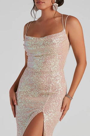 Formal Sequin Cowl Neck Maxi Dress Gold