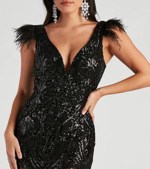 Formal Sequin Feather Long Maxi Dress Black