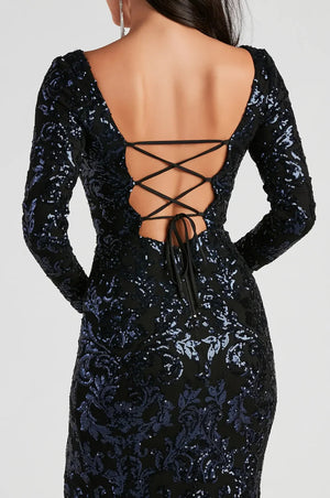 Formal Sequin Lace-Up Maxi Dress Navy