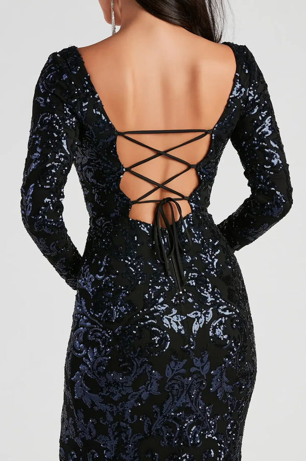 Formal Sequin Lace-Up Maxi Dress Navy