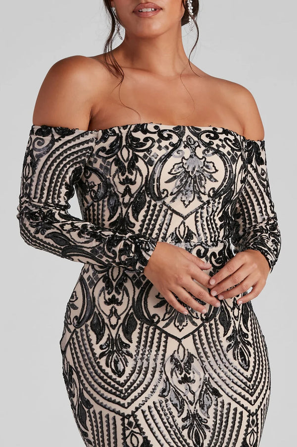 Formal Off-The-Shoulder Sequin Maxi Dress