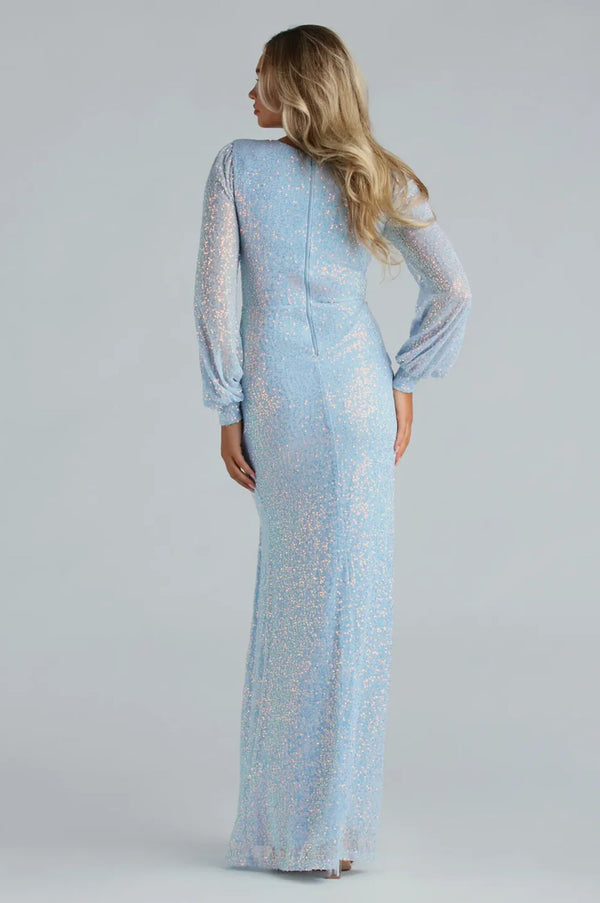 Formal Sequin Long Sleeve Mermaid Dress Light Blue