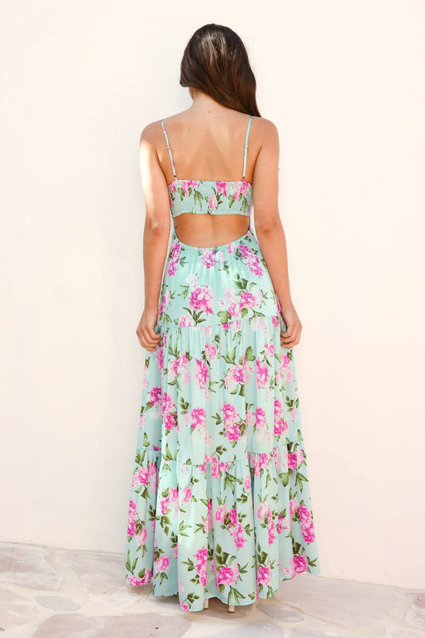Wildflower Whimsy Satin Maxi Dress Green
