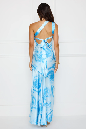 After Dark Allure One Shoulder Satin Maxi Dress Blue