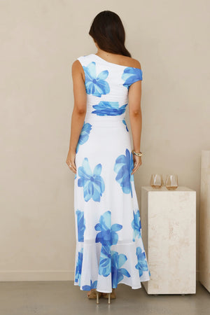 Masquerade Muse One Shoulder Mesh Maxi Dress Blue