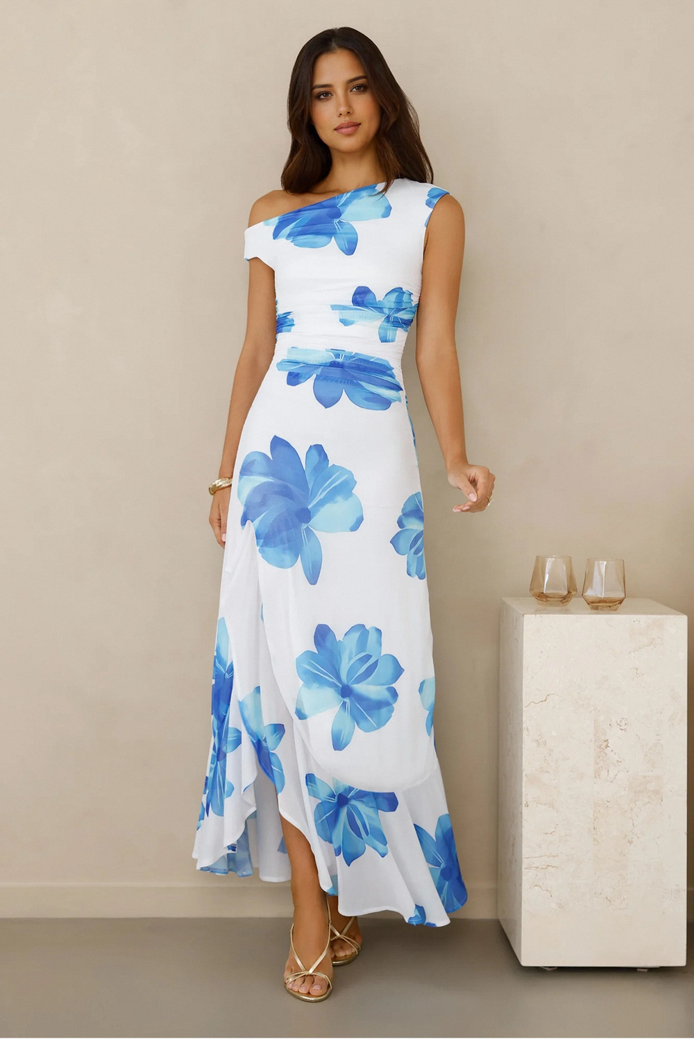 One Shoulder Mesh Maxi Dress Blue