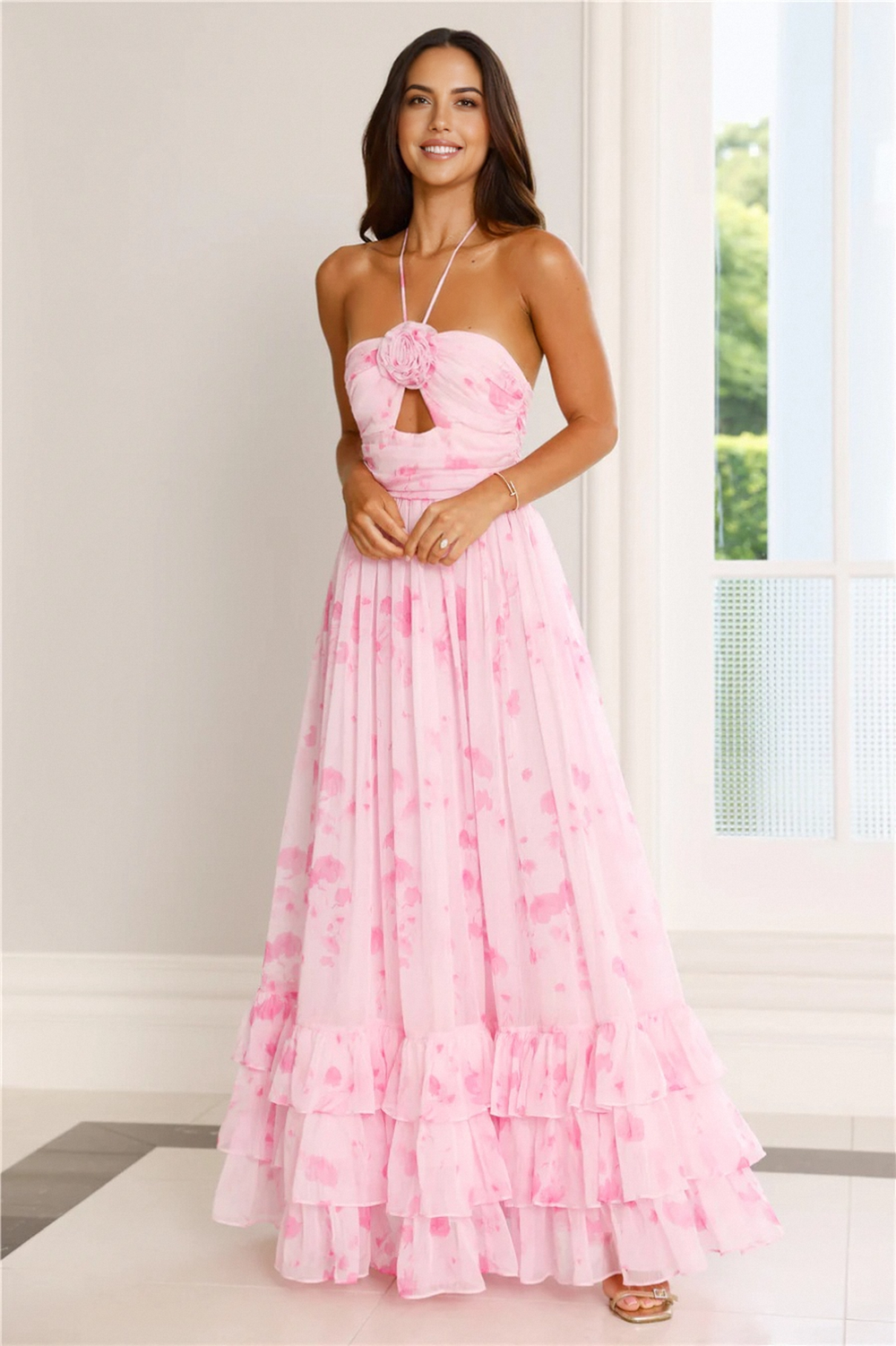 Floral Essence Halter Maxi Dress Pink