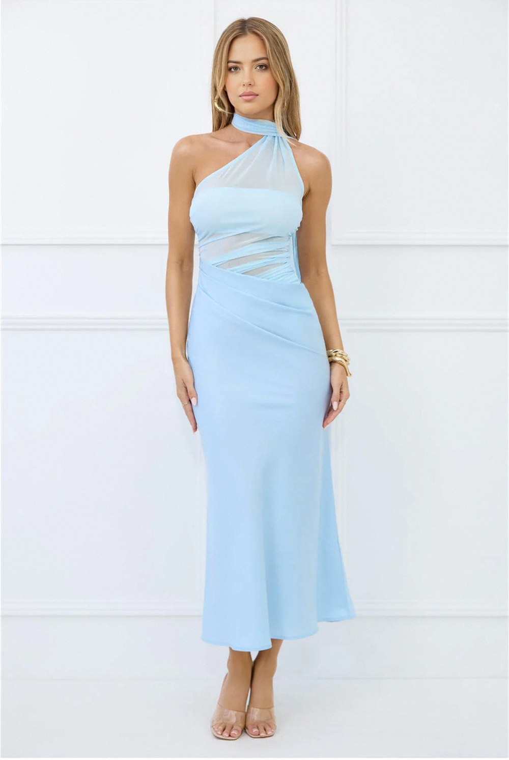 Sapphire Diva Halter Mesh Satin Maxi Dress Blue