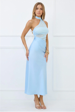 Sapphire Diva Halter Mesh Satin Maxi Dress Blue