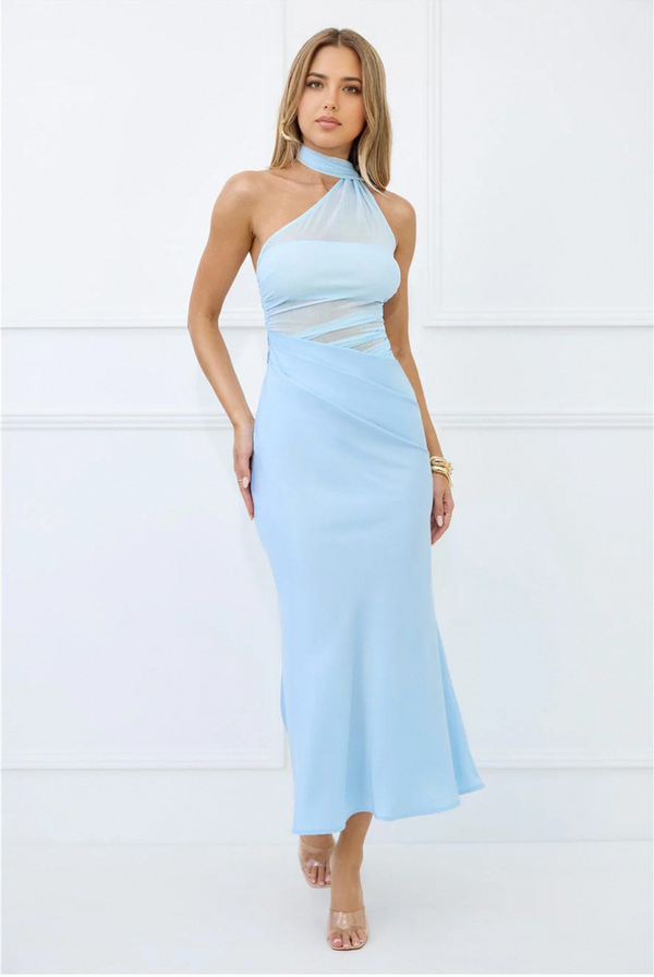 Sapphire Diva Halter Mesh Satin Maxi Dress Blue