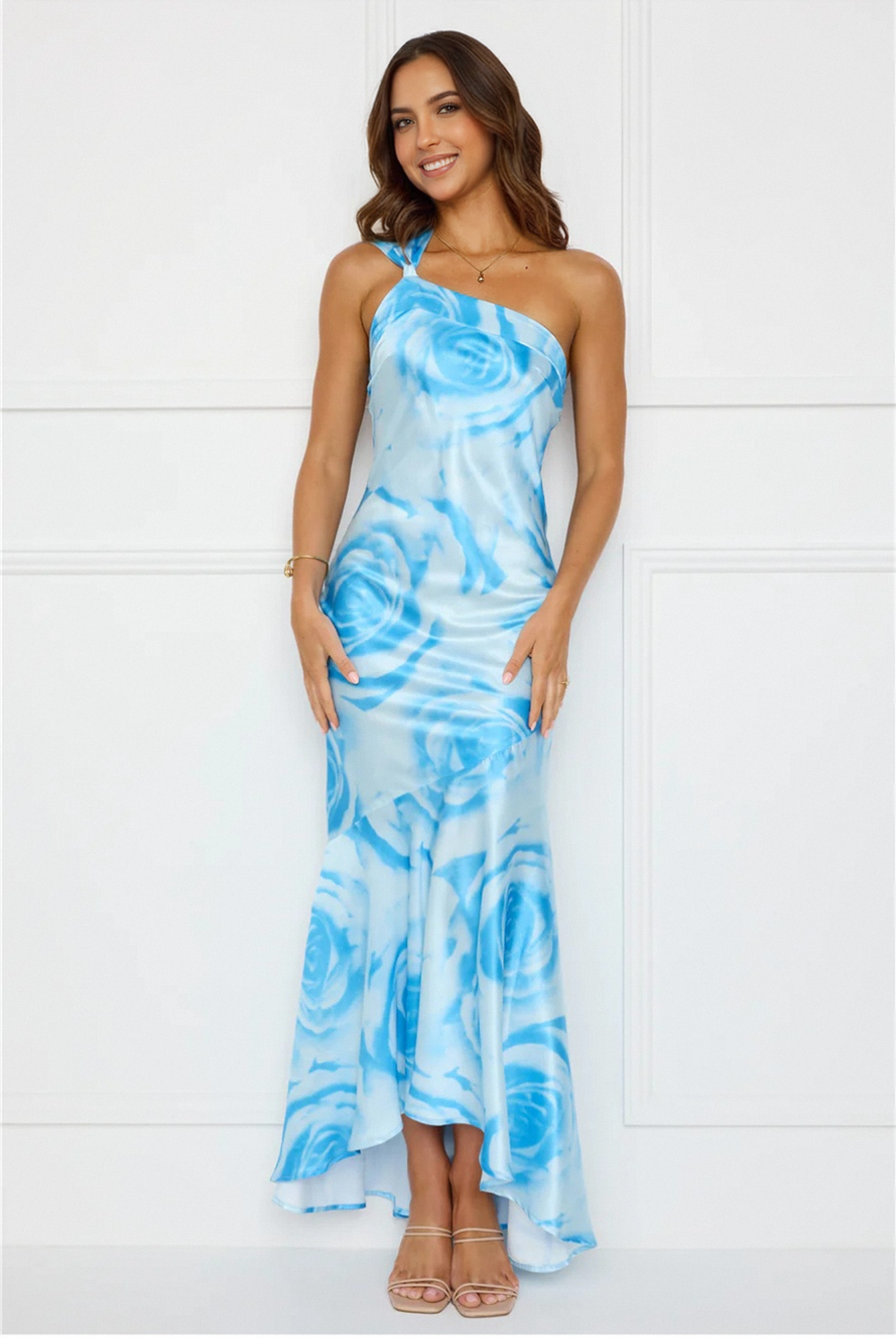 After Dark Allure One Shoulder Satin Maxi Dress Blue