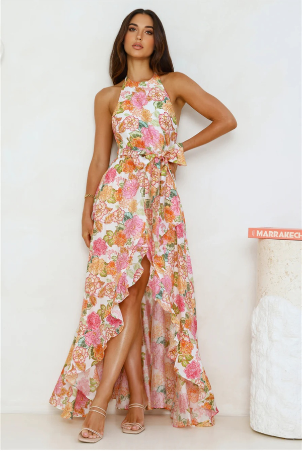 Floral Allure Halter Maxi Dress Orange