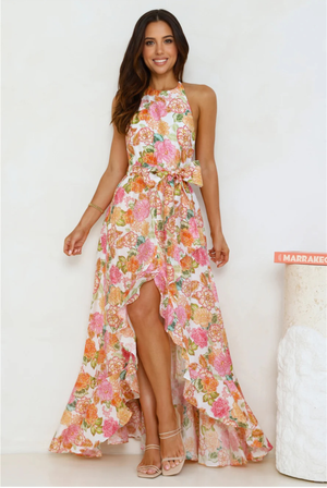 Floral Allure Halter Maxi Dress Orange
