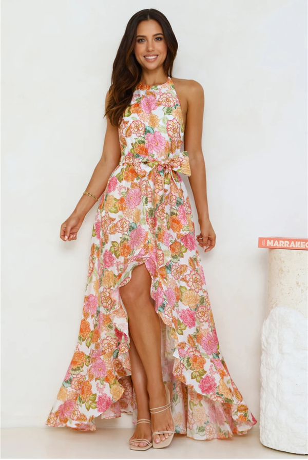 Floral Allure Halter Maxi Dress Orange