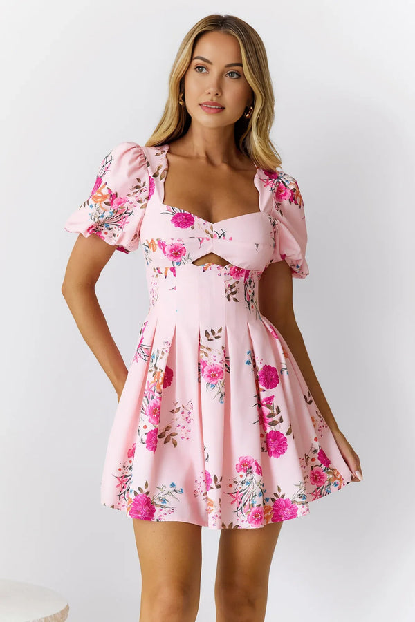 Floral Queen Short Sleeve Mini Dress Pink