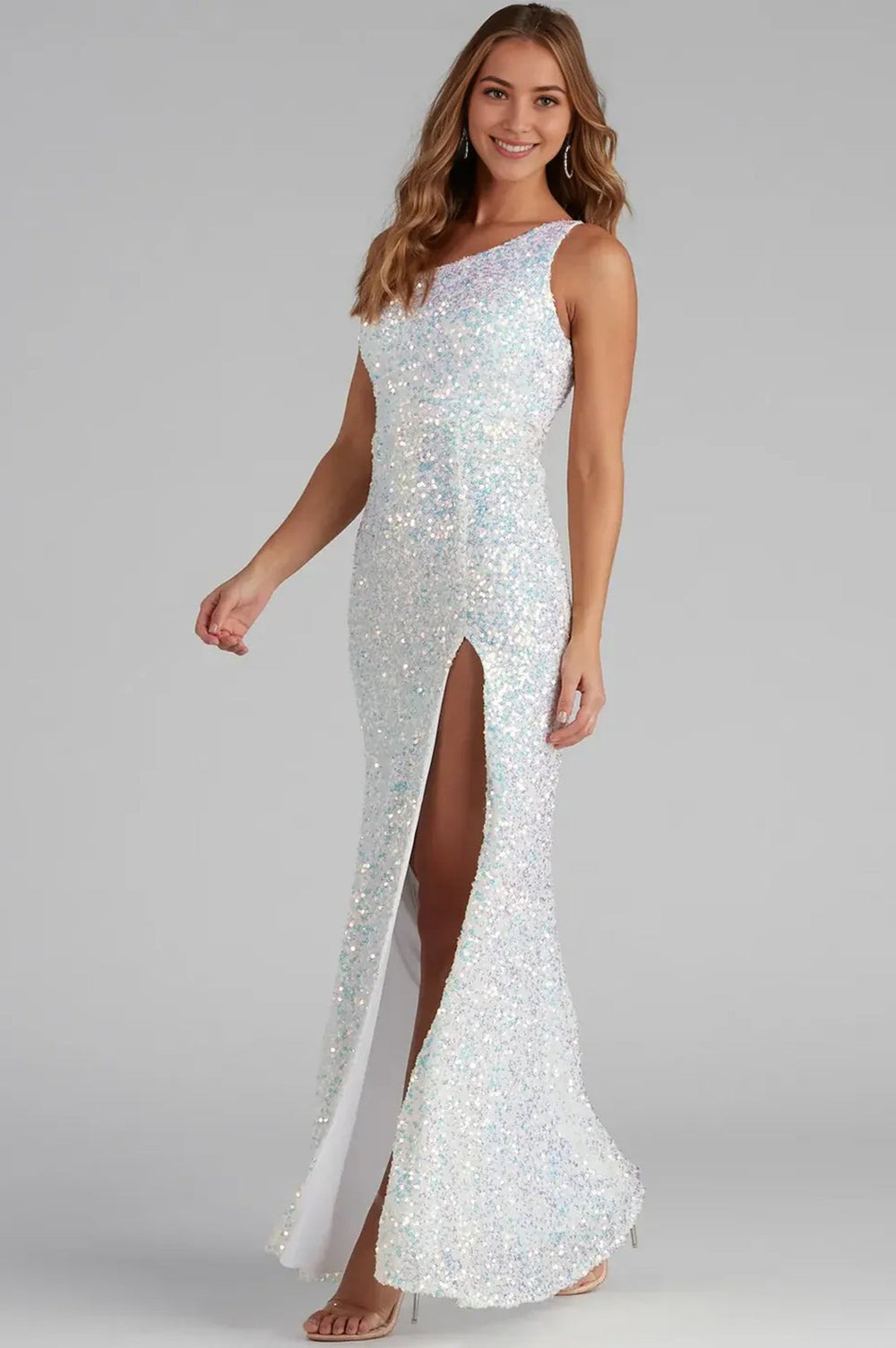 Formal One-Shoulder Sequin Maxi Dress White