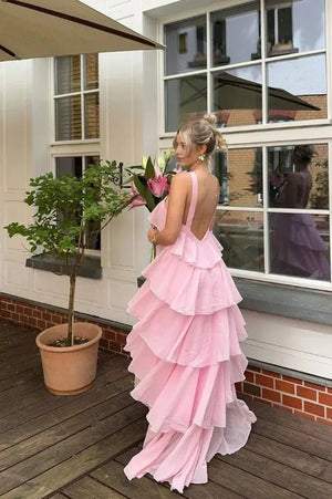 Elegant Chiffon Layer Ruffles Maxi Dress Pink