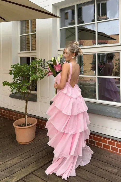 Elegant Chiffon Layer Ruffles Maxi Dress Pink