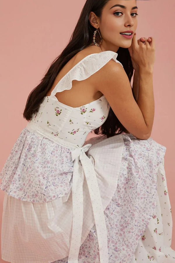 Sweetheart Neck Floral Print Patchwork Layered Maxi Dresses White