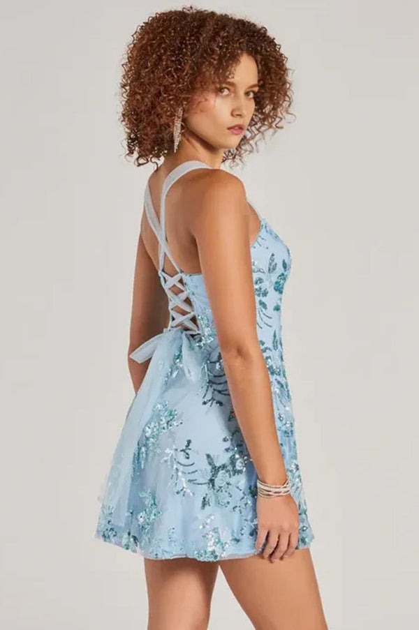 Pretty Elegance Tulle Lace-Up Floral Sequin Mini Dress