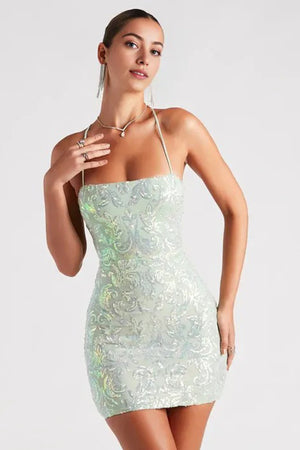 Glisten And Glimmer Sequin Lace-Up Dress Sage