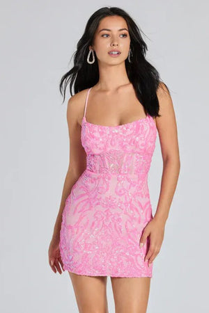 Sequin Strappy Back Mini Dress Pink