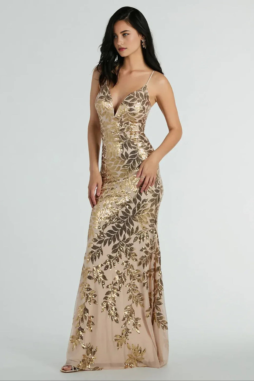 Formal Sequin Leaf Plunge Mermaid Maxi Dress Gold
