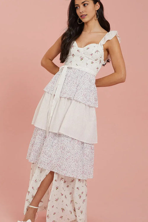 Sweetheart Neck Floral Print Patchwork Layered Maxi Dresses White