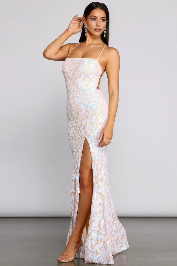Formal Iridescent Sequin Scroll Dress White