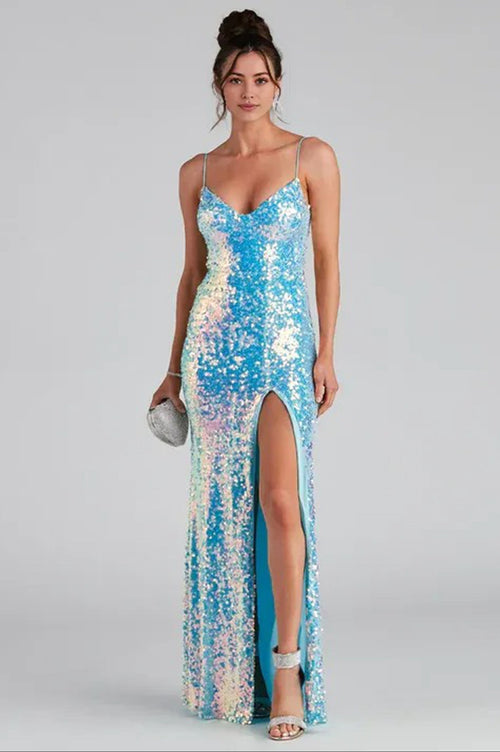 Sequin A-Line Formal Maxi Dress Blue