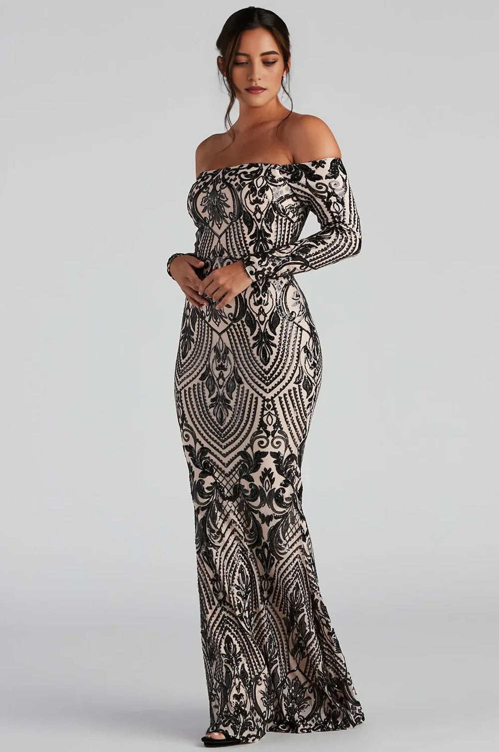 Formal Off-The-Shoulder Sequin Maxi Dress