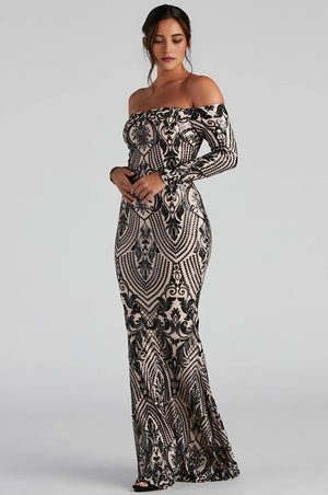 Formal Off-The-Shoulder Sequin Maxi Dress