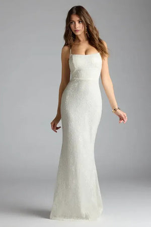 Lace-Up Mermaid Sequin Formal Maxi Dress Ivory