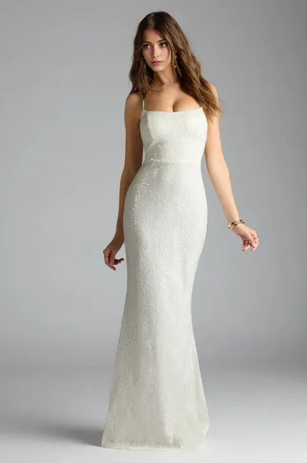 Lace-Up Mermaid Sequin Formal Maxi Dress Ivory