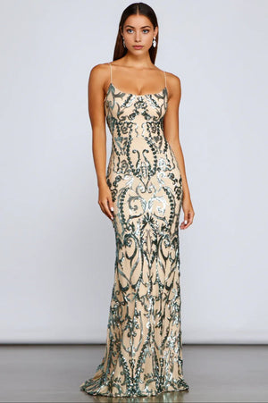 Formal Open Back Sequin Maxi Dress Green
