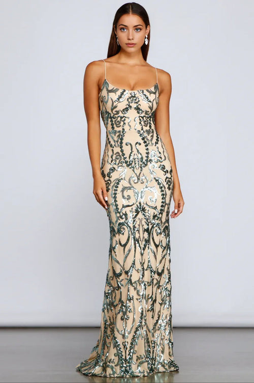 Formal Open Back Sequin Maxi Dress Green