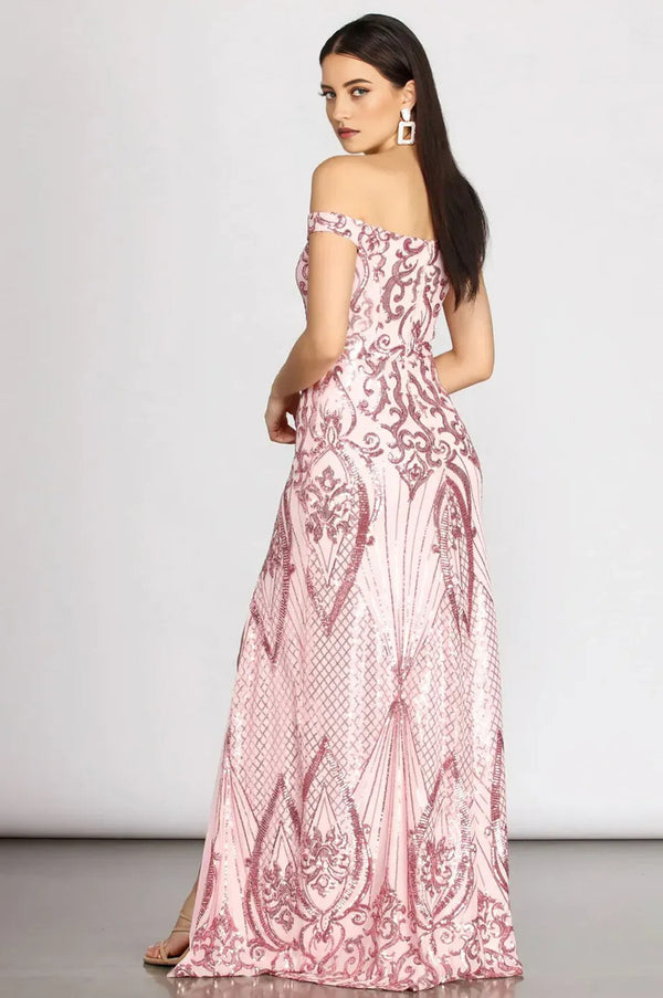Sequin Off Shoulder A-Line Maxi Dress Pink