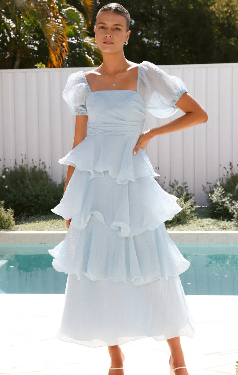 Solid Color Puff Sleeve Cake Maxi Dress