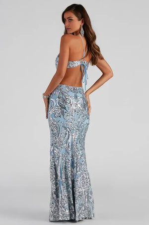 Sequin Mermaid Formal Maxi Dress Light Blue