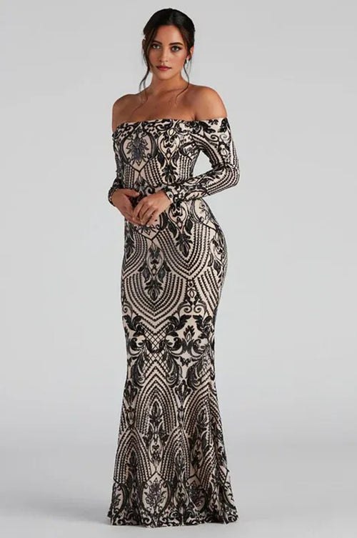 Formal Off-The-Shoulder Sequin Maxi Dress