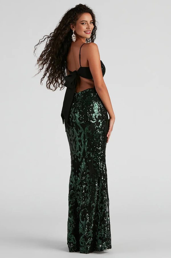 Formal Sequin Tie Maxi Dress Dark Green