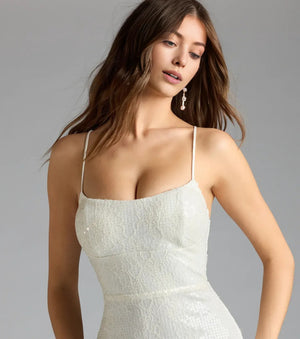 Lace-Up Mermaid Sequin Formal Maxi Dress Ivory