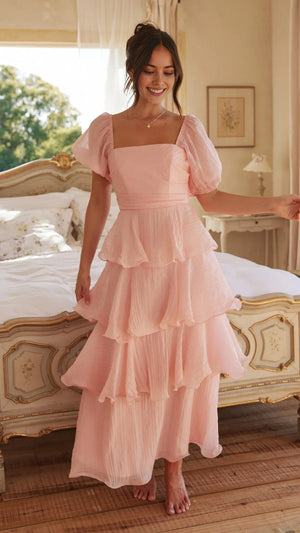 Solid Color Puff Sleeve Cake Maxi Dress