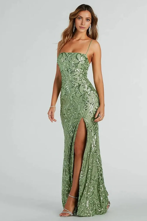 Sequined slit Maxi dress Green