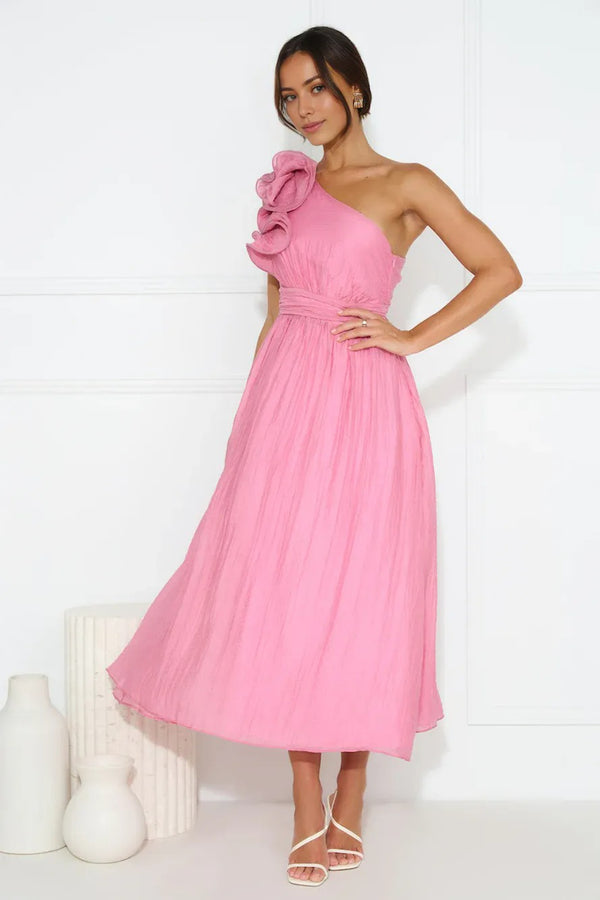 Find Out One Shoulder Midi Dress Pink
