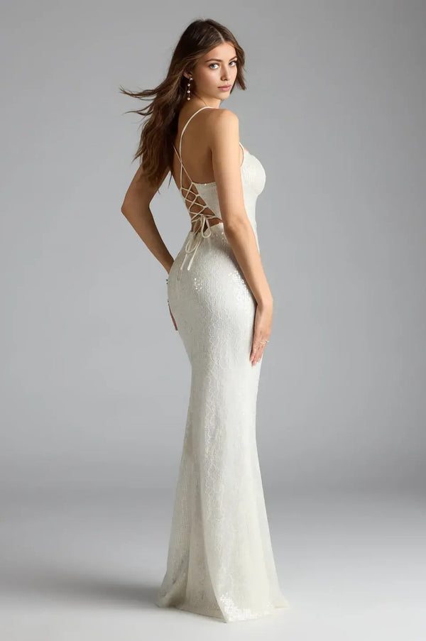 Lace-Up Mermaid Sequin Formal Maxi Dress Ivory