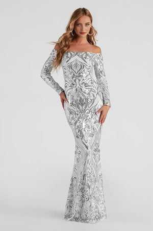 Formal Off-The-Shoulder Sequin Maxi Dress
