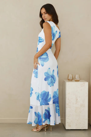 Masquerade Muse One Shoulder Mesh Maxi Dress Blue