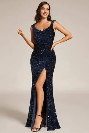 V-neck Sequin Slit Mermaid Floor Length Evening Maxi Dress Navy